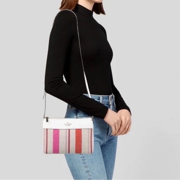 Kate Spade Leila Striped Canvas Triple Gusset Crossbody bag pebbled leather trim - Picture 7 of 10